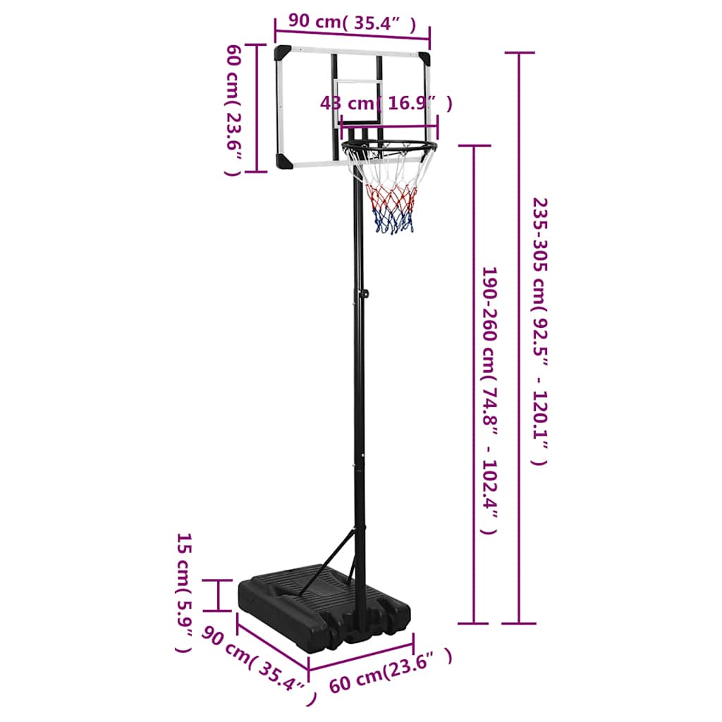 basketballstativ med plade 235-305 cm polycarbonat transparent