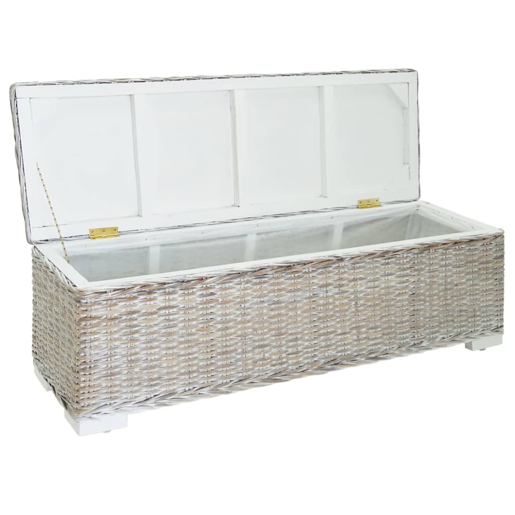 opbevaringsboks 110 cm naturlig kubu-rattan massivt mahogni hvid