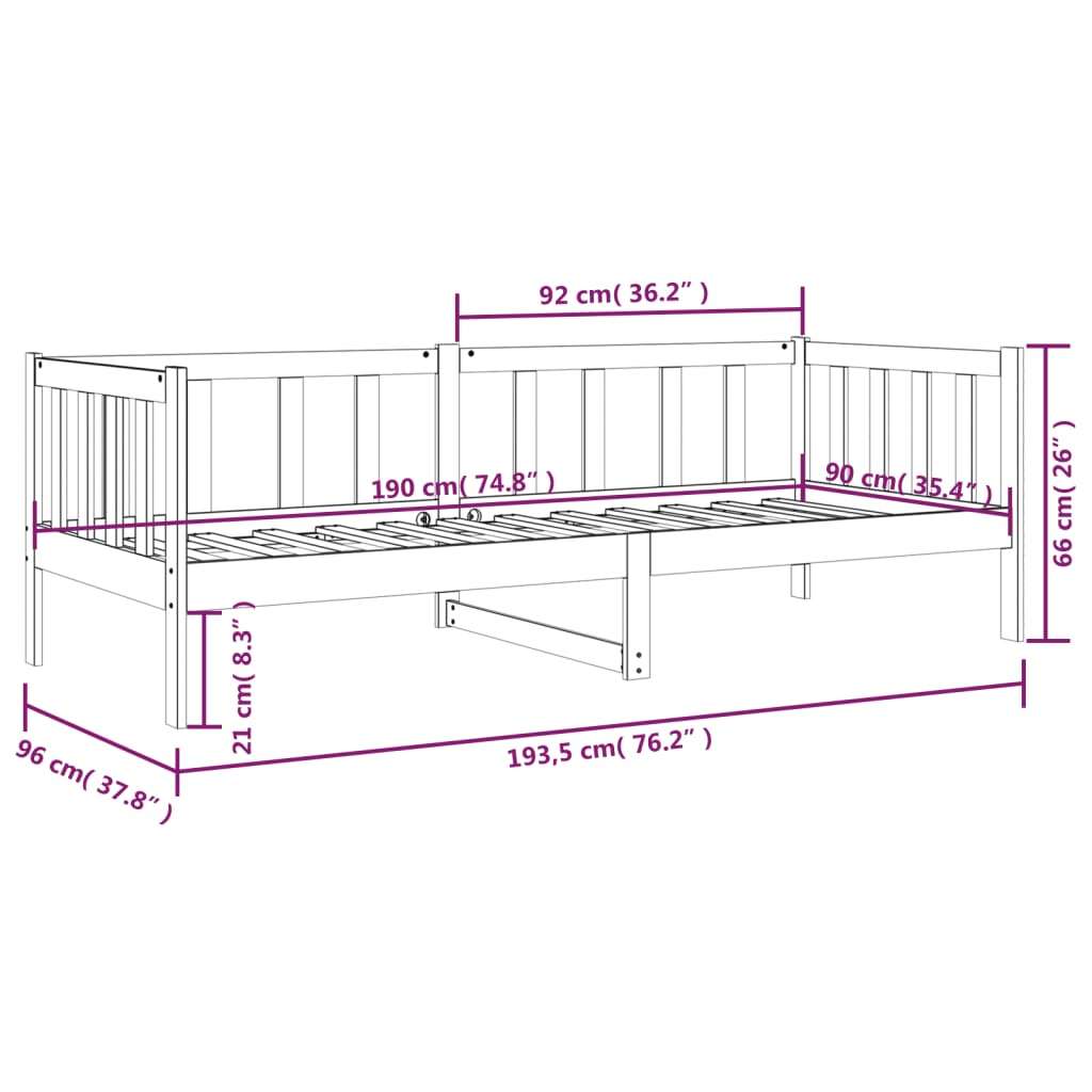 daybed uden madras 90x190 cm massivt fyrretræ