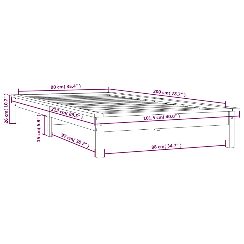sengeramme 90x200 cm massivt fyrretræ grå