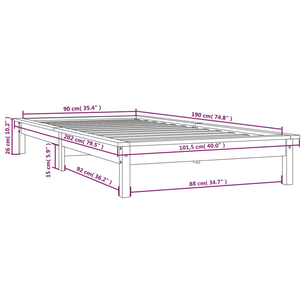 sengeramme 90x190 cm Single massivt fyrretræ gyldenbrun