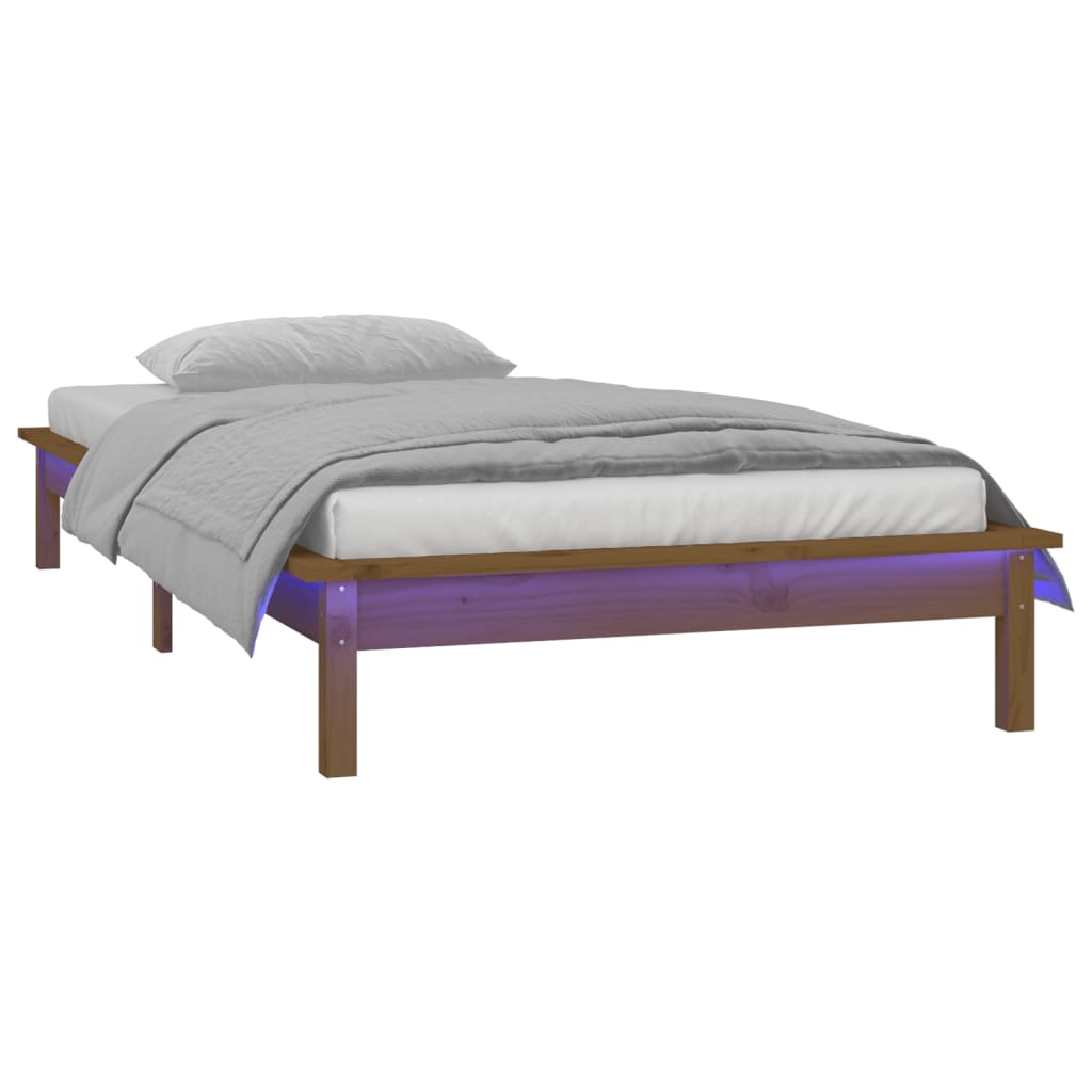 sengeramme med LED-lys 90x200 cm massivt træ gyldenbrun