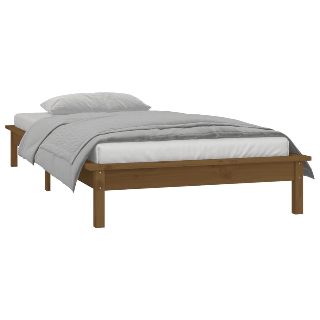 sengeramme med LED-lys 90x200 cm massivt træ gyldenbrun
