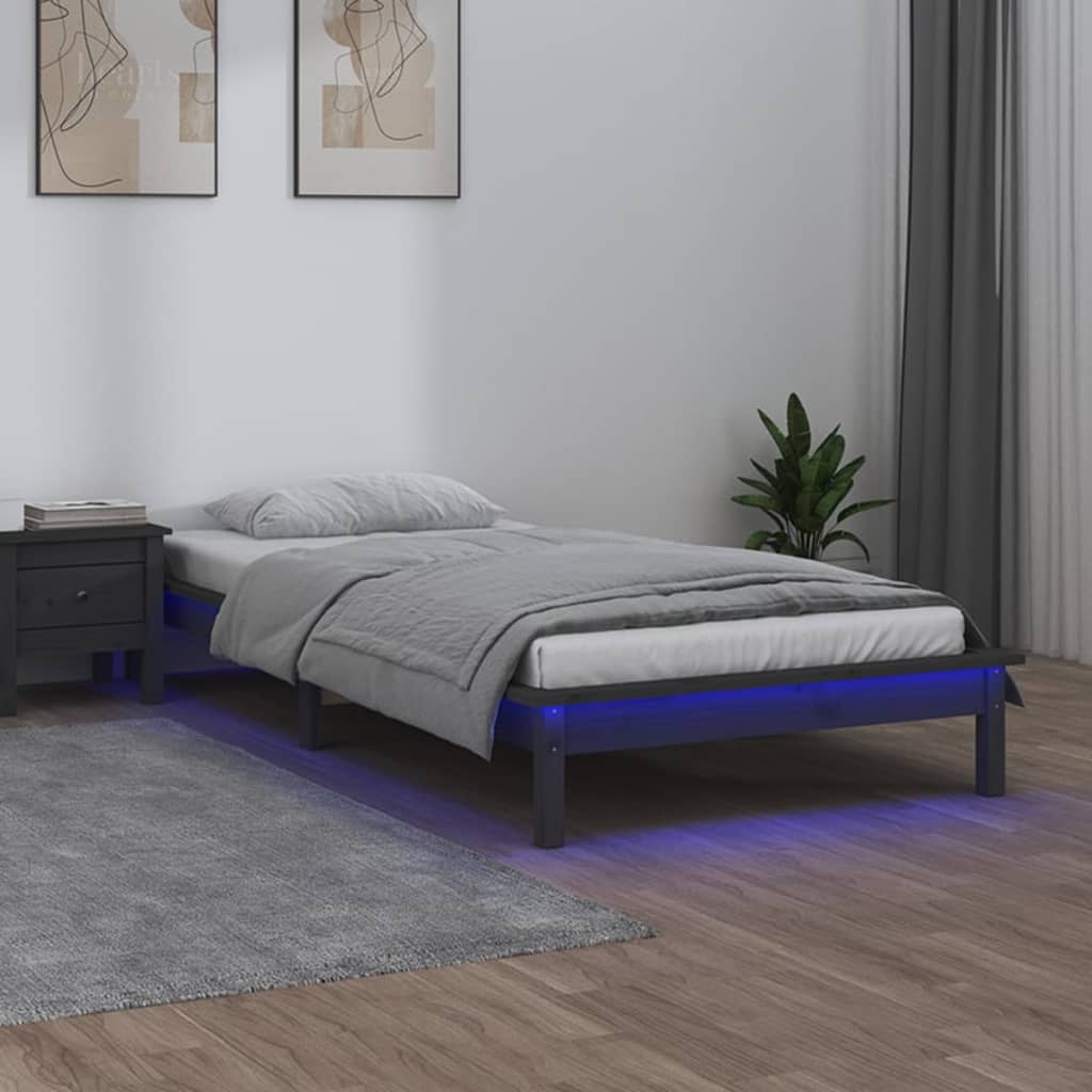 sengeramme med LED-lys 100x200 cm massivt træ grå