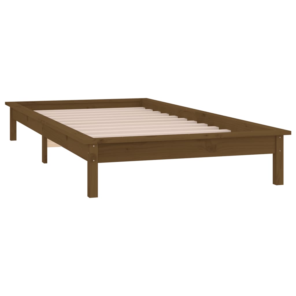 sengeramme med LED-lys 100x200 cm massivt træ gyldenbrun