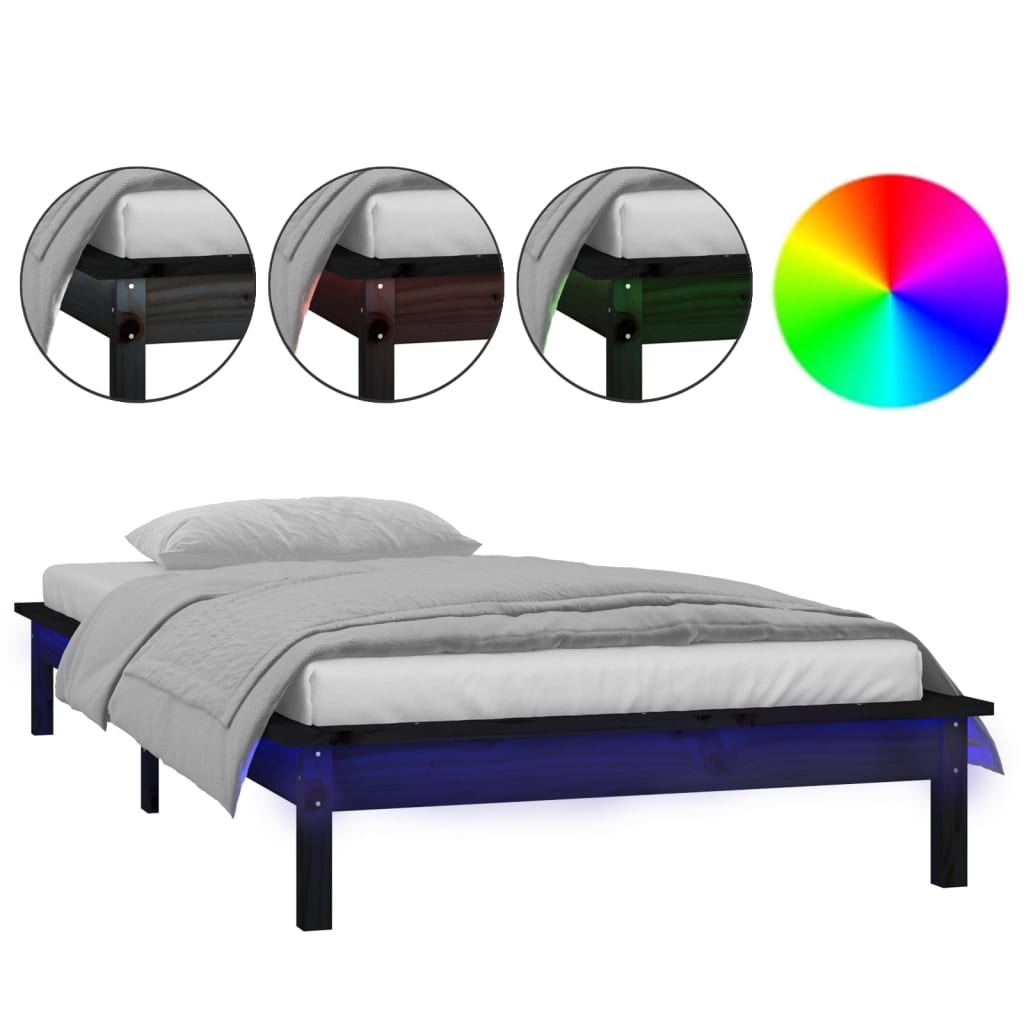 sengeramme med LED-lys 100x200 cm massivt træ sort