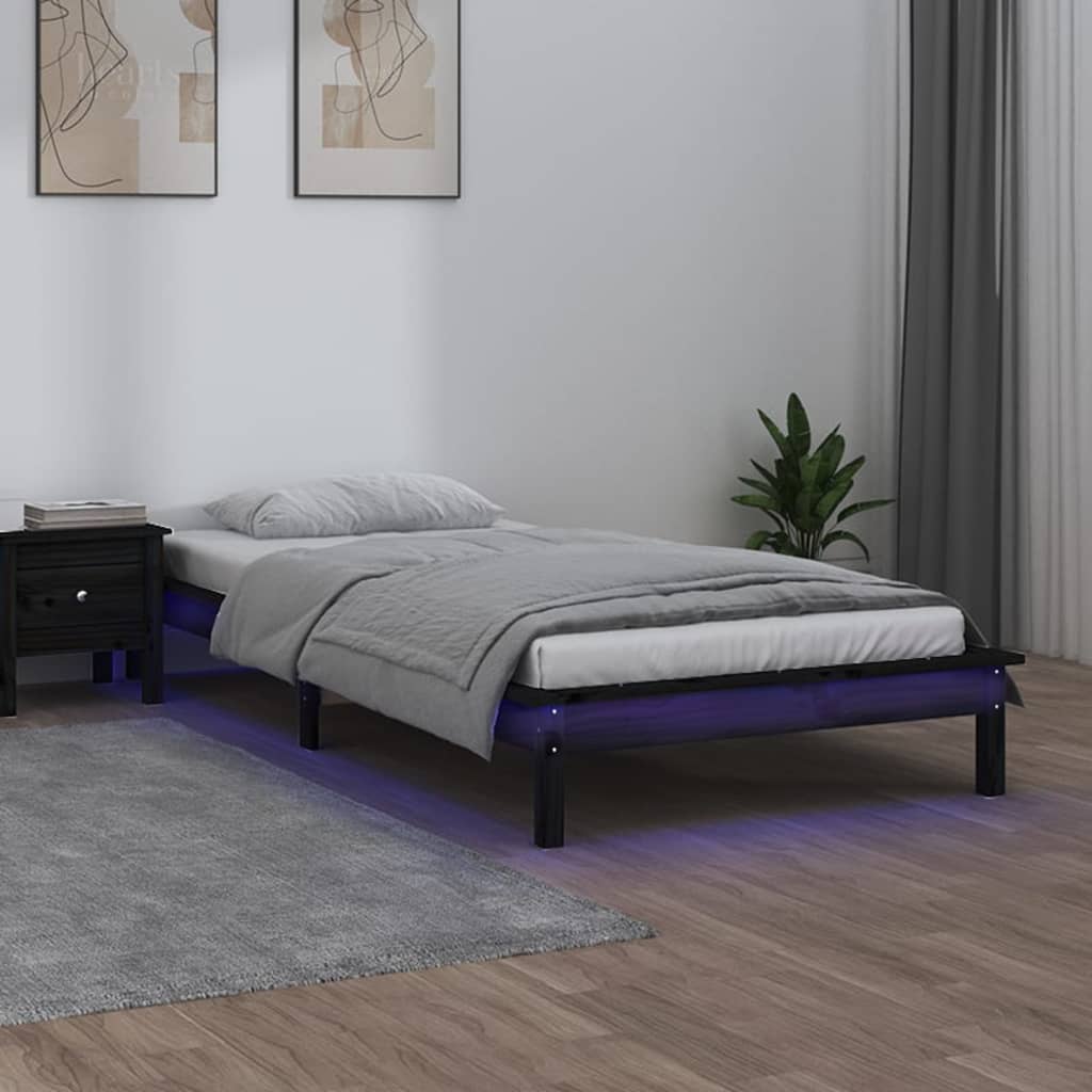 sengeramme med LED-lys 100x200 cm massivt træ sort