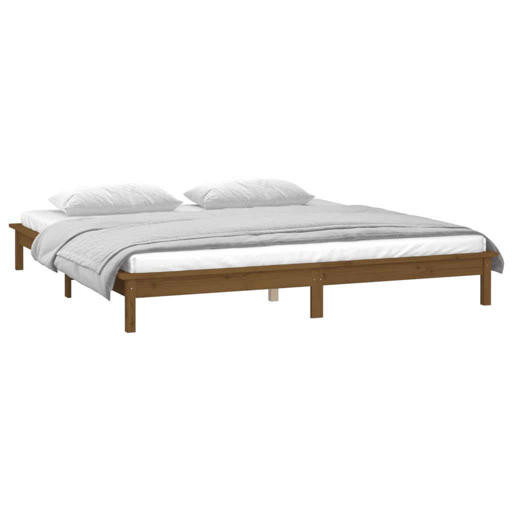 sengeramme med LED-lys 140x200 cm massivt træ gyldenbrun