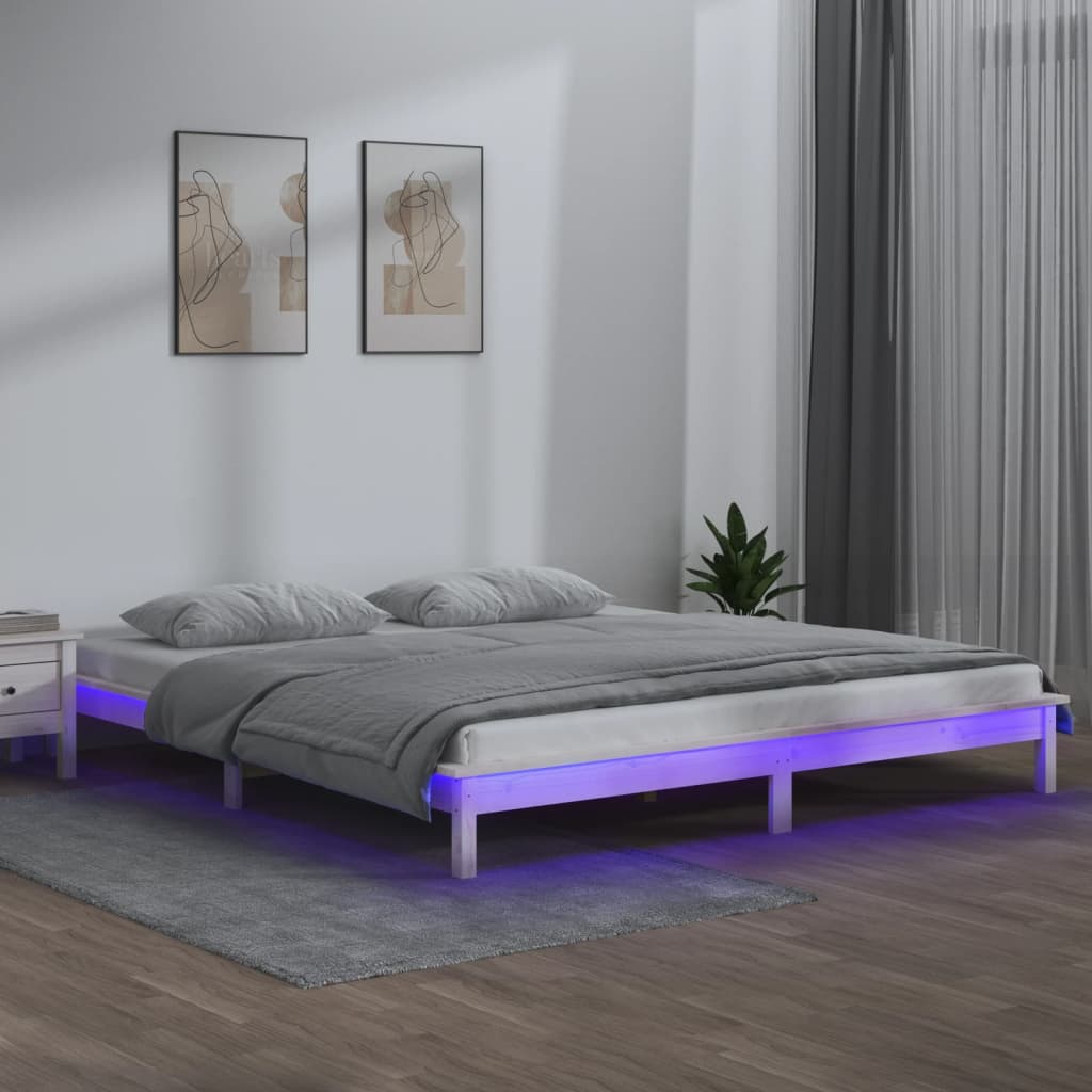 sengeramme med LED-lys 160x200 cm massivt træ hvid