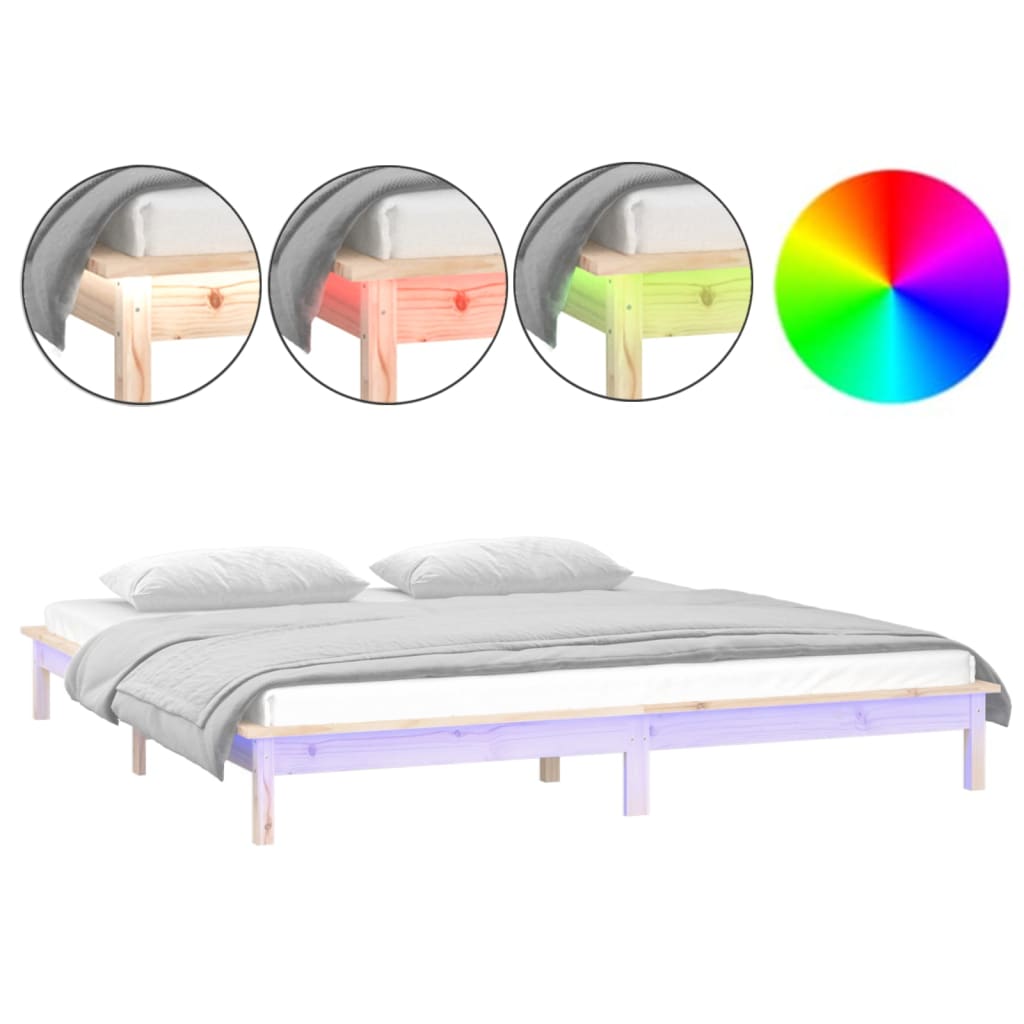 sengeramme med LED-lys 200x200 cm massivt træ