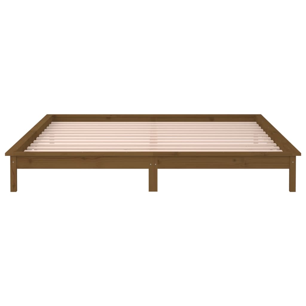 sengeramme med LED-lys 200x200 cm massivt træ gyldenbrun