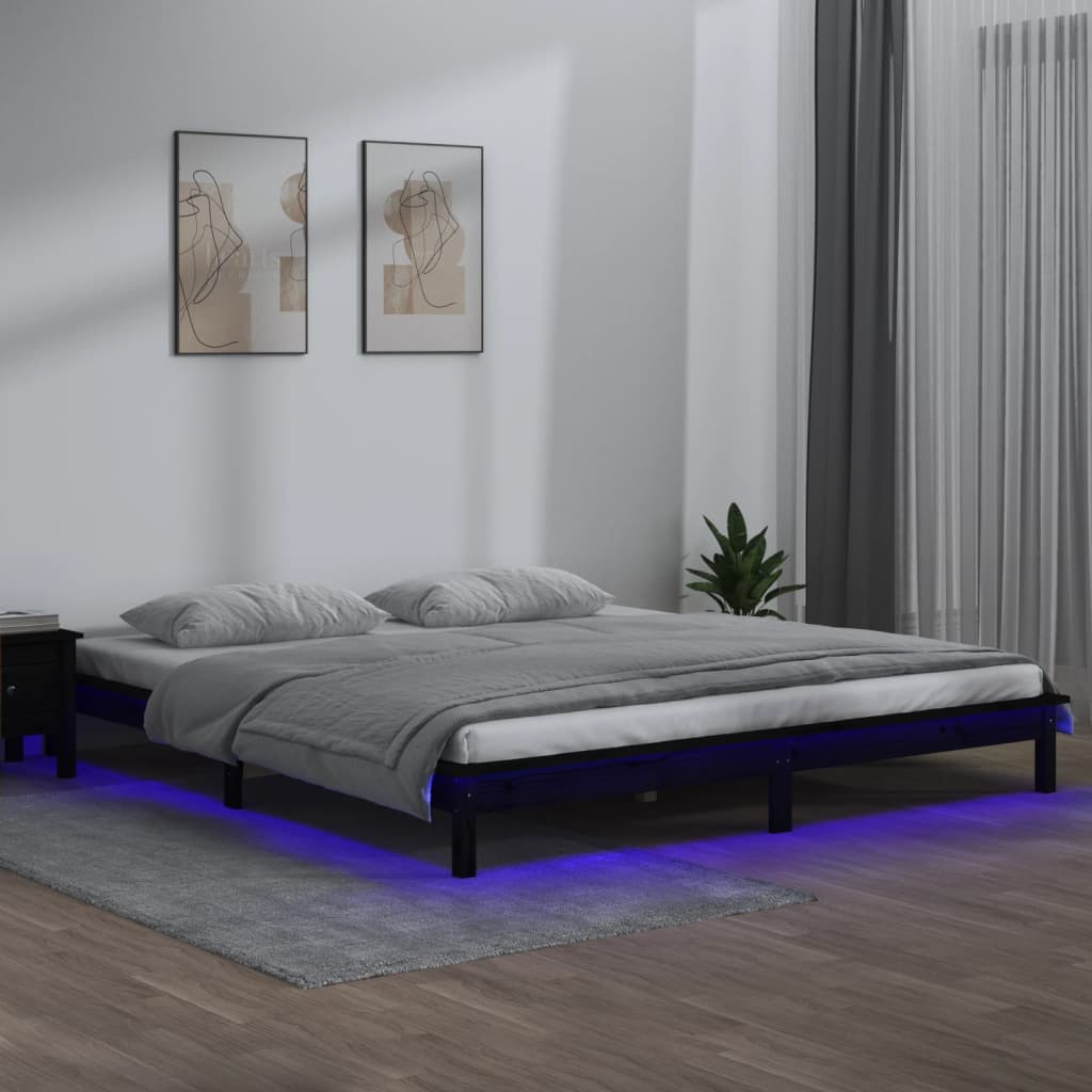 sengeramme med LED-lys 200x200 cm massivt træ sort