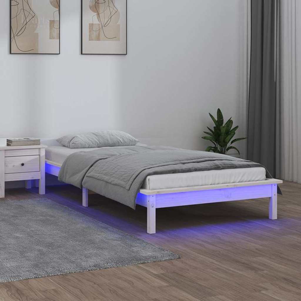 sengeramme med LED-lys 90x190 cm Single massivt træ hvid