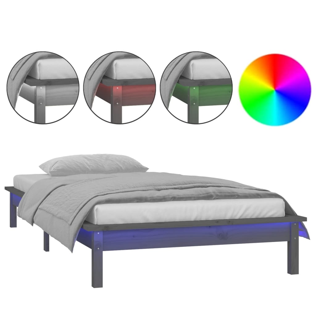 sengeramme med LED 90x190 cm Single massivt træ grå