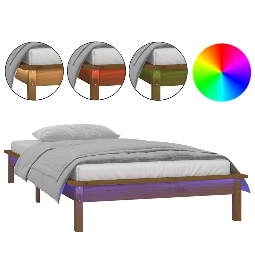 sengeramme med LED-lys 90x190 cm Single massivt træ gyldenbrun