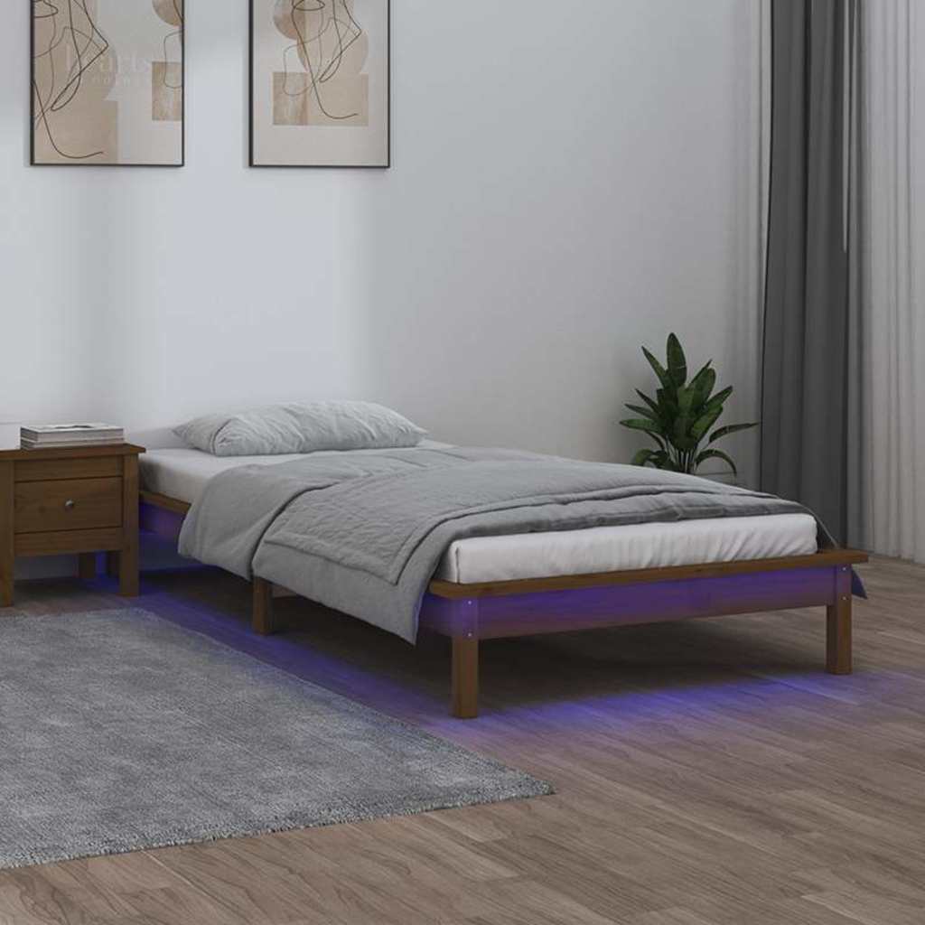 sengeramme med LED-lys 90x190 cm Single massivt træ gyldenbrun