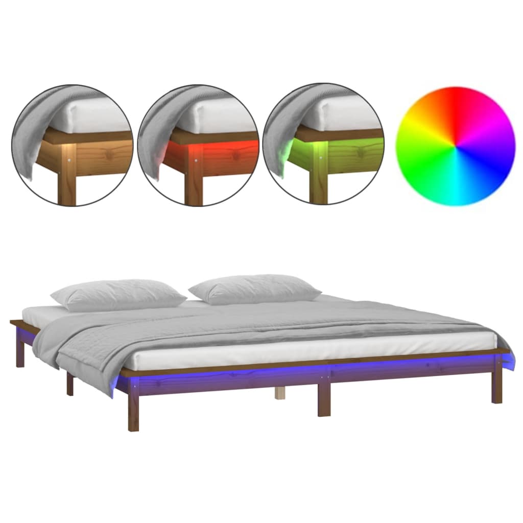 sengeramme med LED-lys 120x190 cm massivt træ gyldenbrun