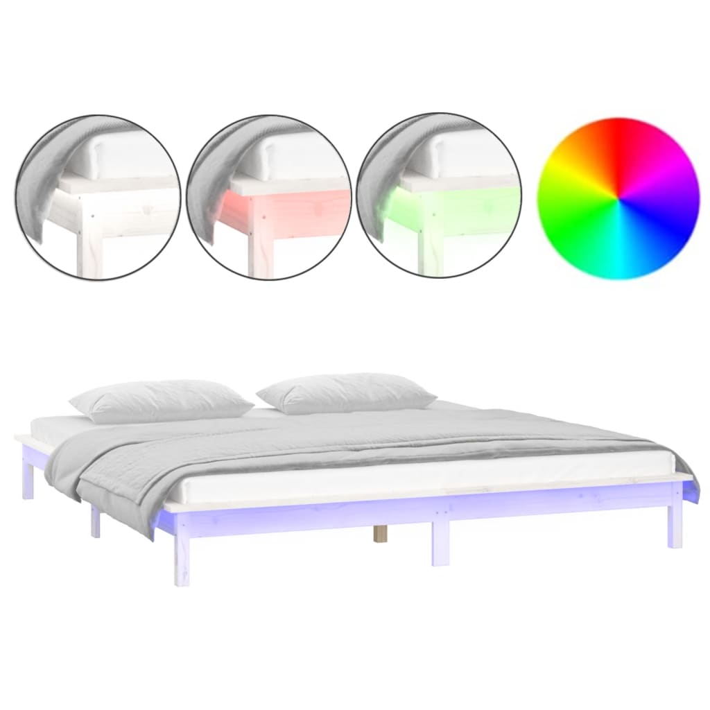 sengeramme med LED-lys 135x190 cm dobbelt massivt træ hvid