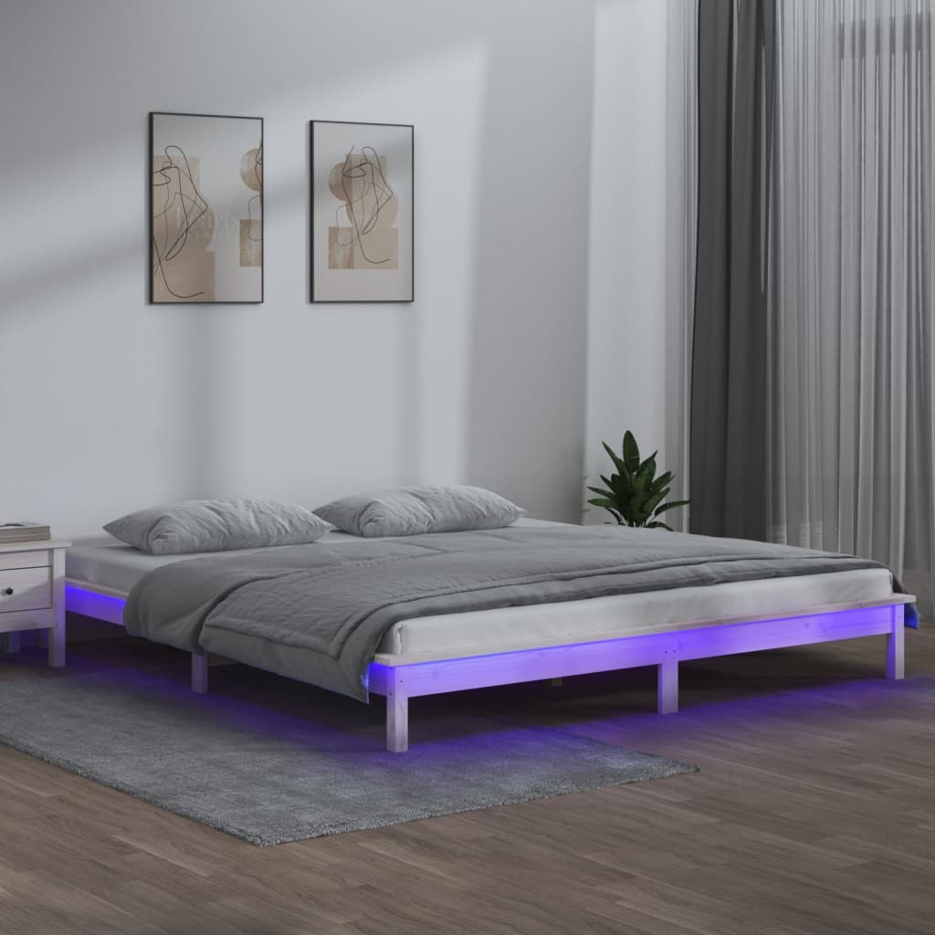 sengeramme med LED-lys 140x190 cm massivt træ hvid
