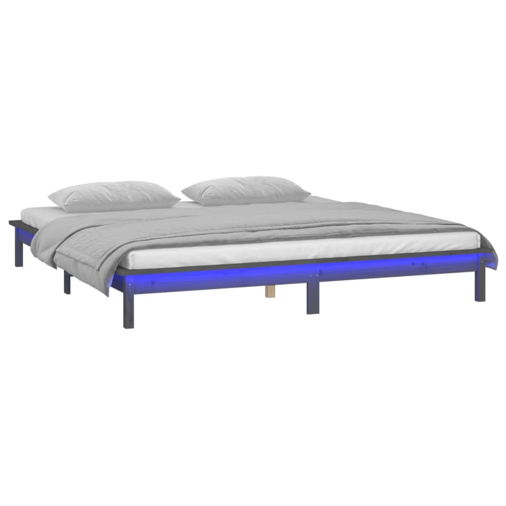 sengeramme med LED-lys 140x190 cm massivt træ grå