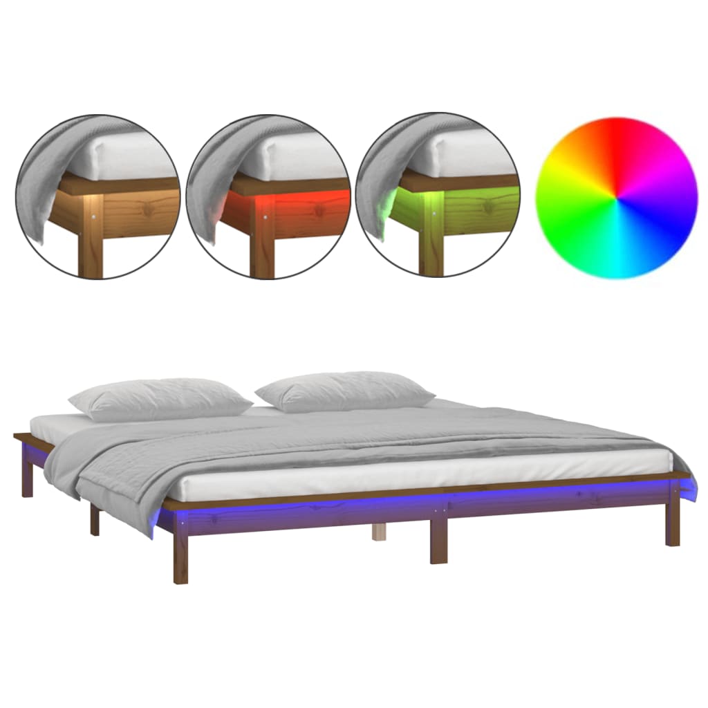 sengeramme med LED-lys 140x190 cm massivt træ gyldenbrun