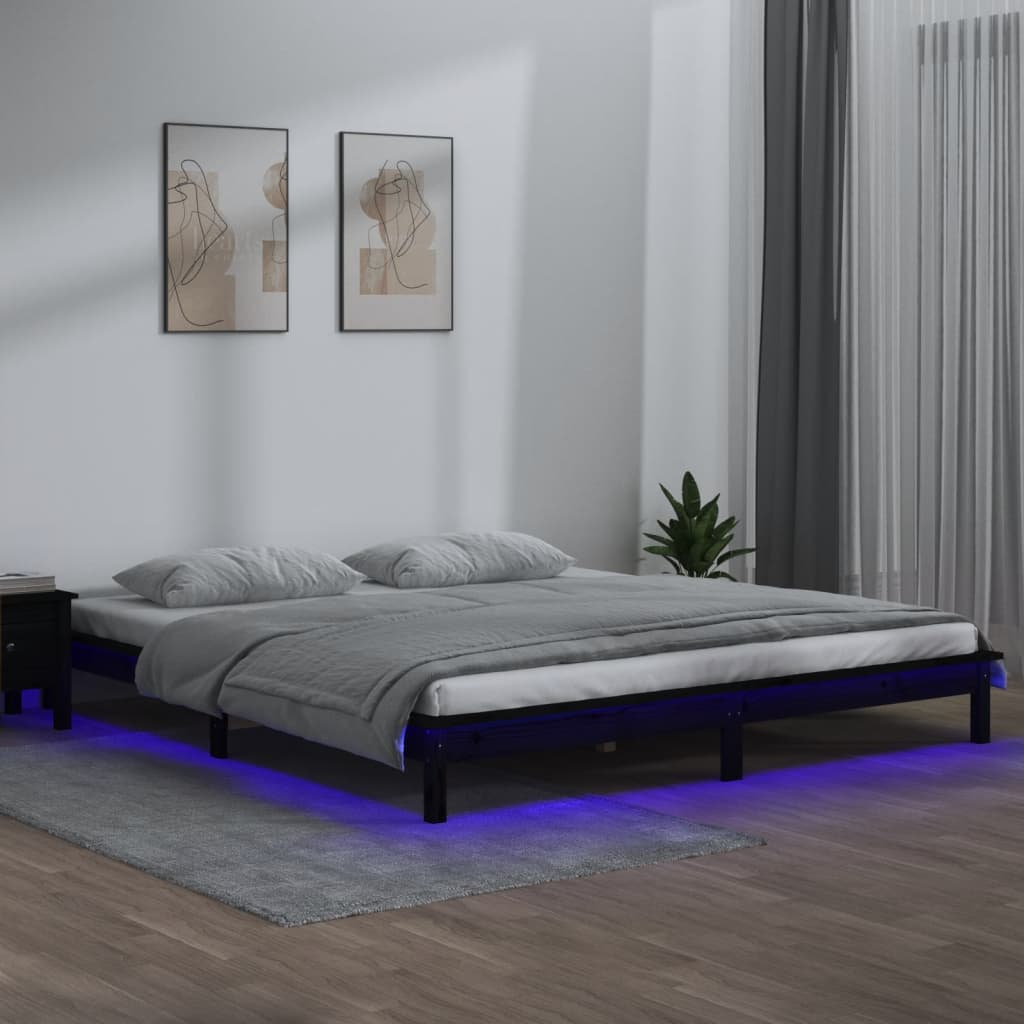 sengeramme med LED-lys 140x190 cm massivt træ sort