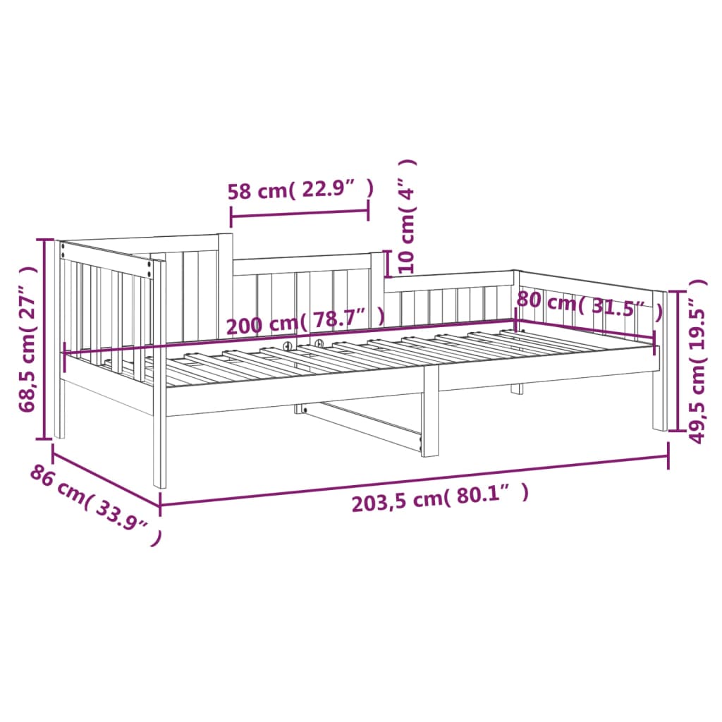 daybed uden madras 80x200 cm massivt fyrretræ