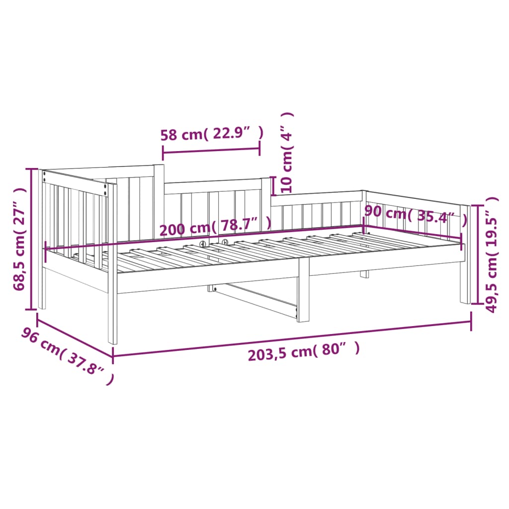 daybed uden madras 90x200 cm massivt fyrretræ
