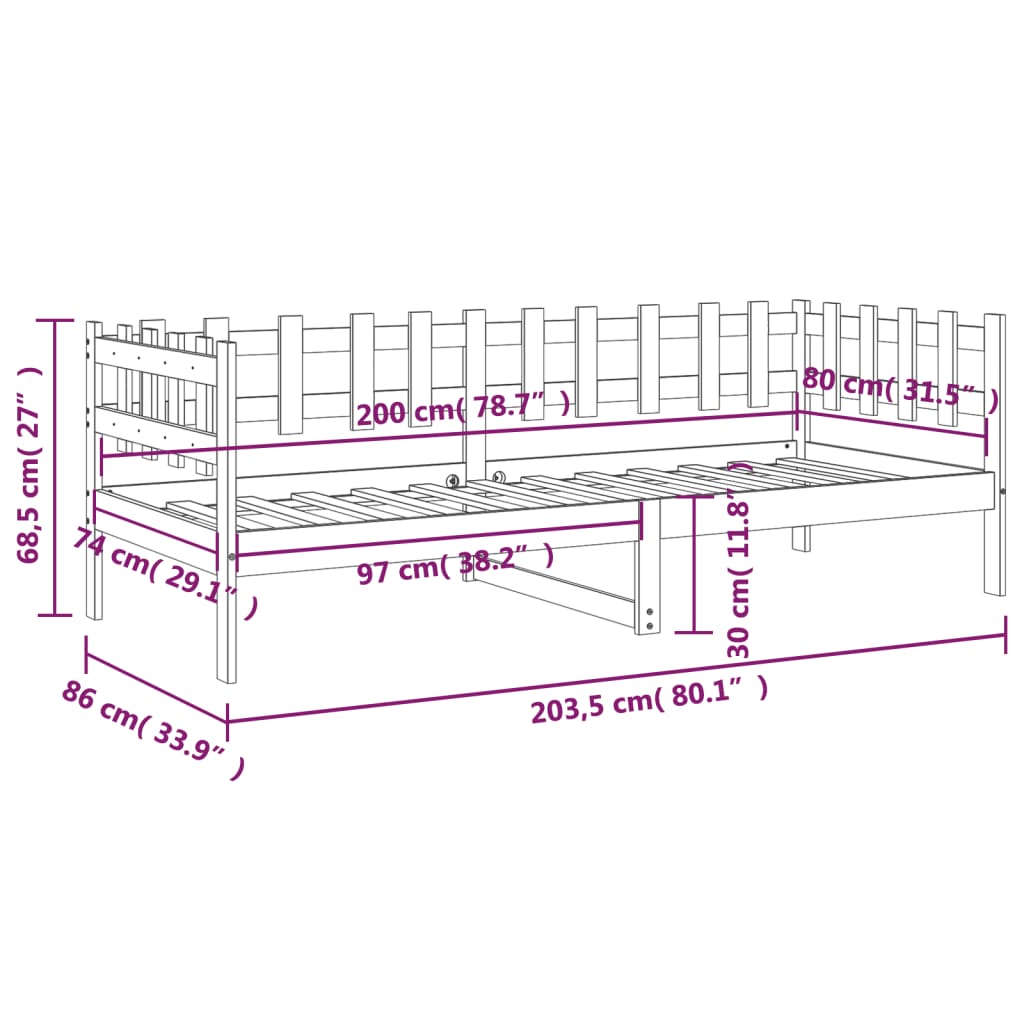 daybed uden madras 80x200 cm massivt fyrretræ hvid