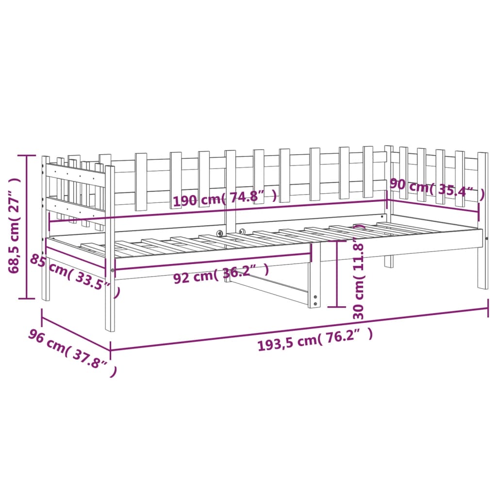 daybed uden madras 90x190 cm massivt fyrretræ hvid