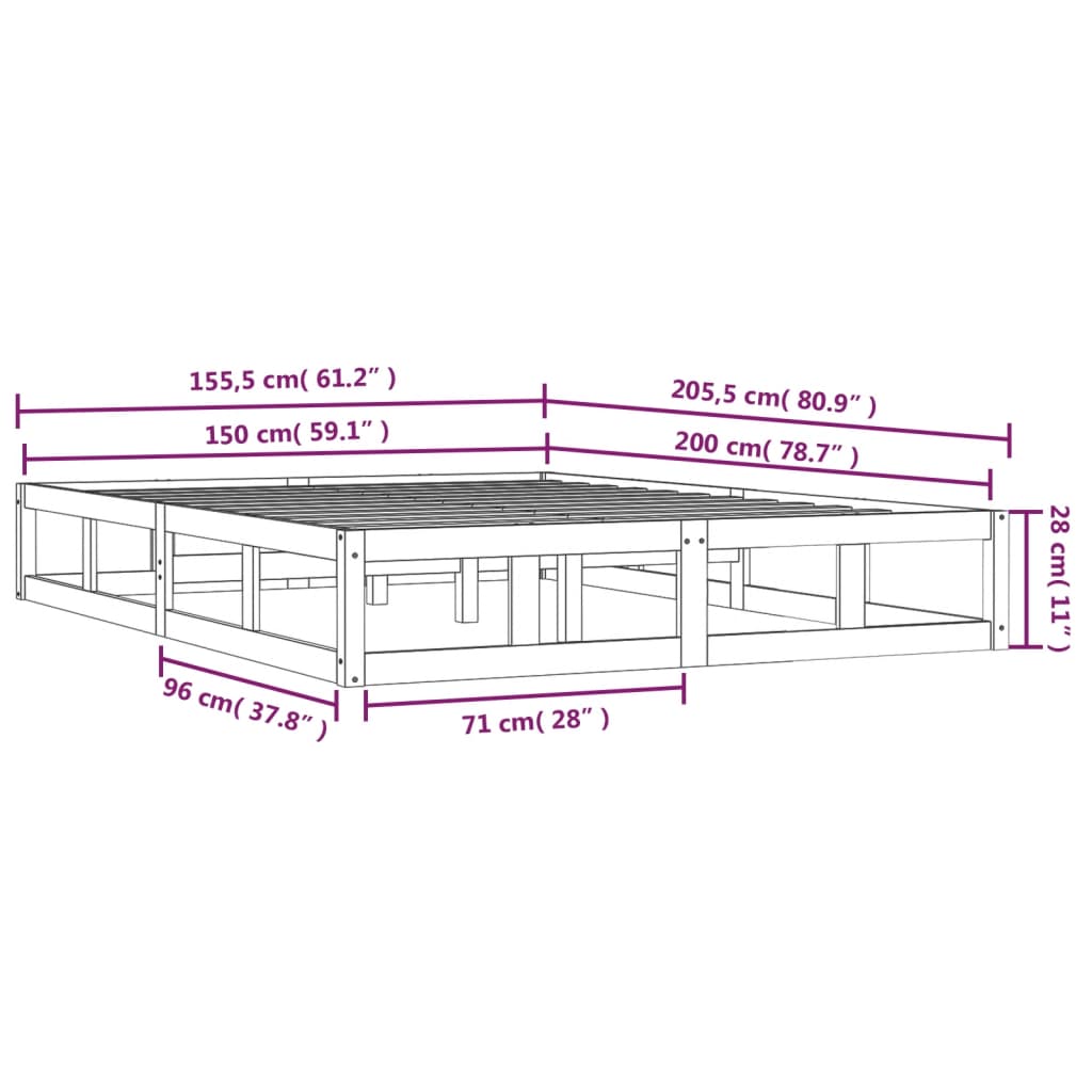 sengeramme 150x200 cm King Size massivt træ grå