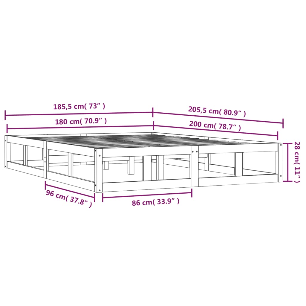 sengeramme 180x200 cm Super King massivt træ hvid
