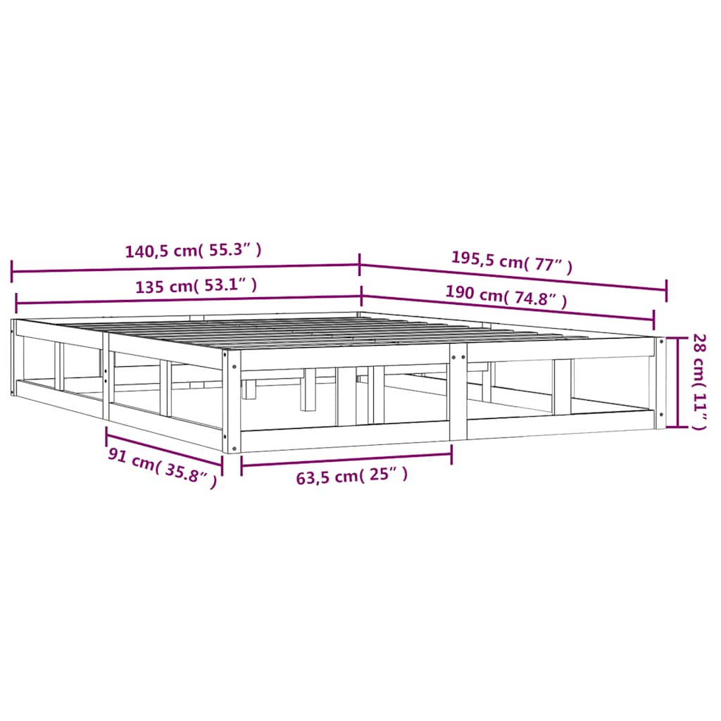 sengeramme 135x190 cm dobbelt massivt træ hvid