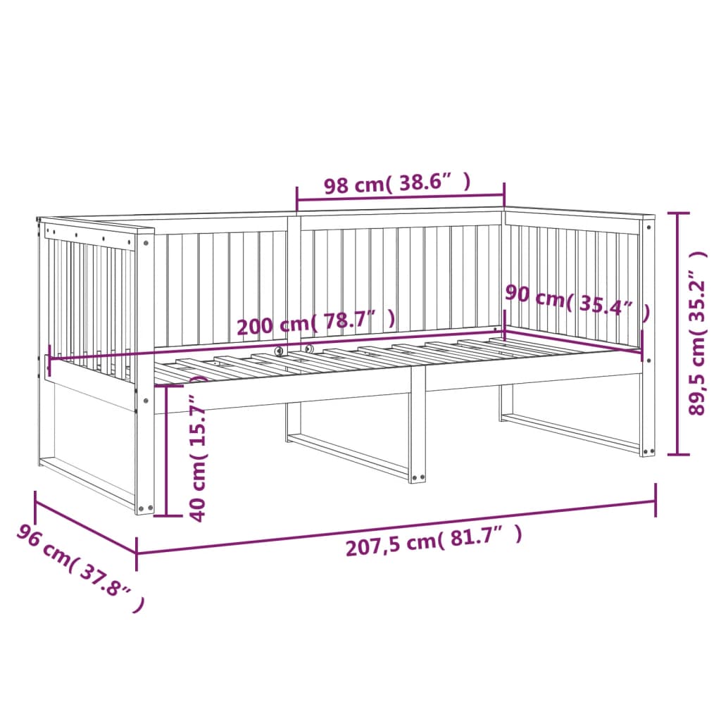 daybed uden madras 90x200 cm massivt fyrretræ hvid