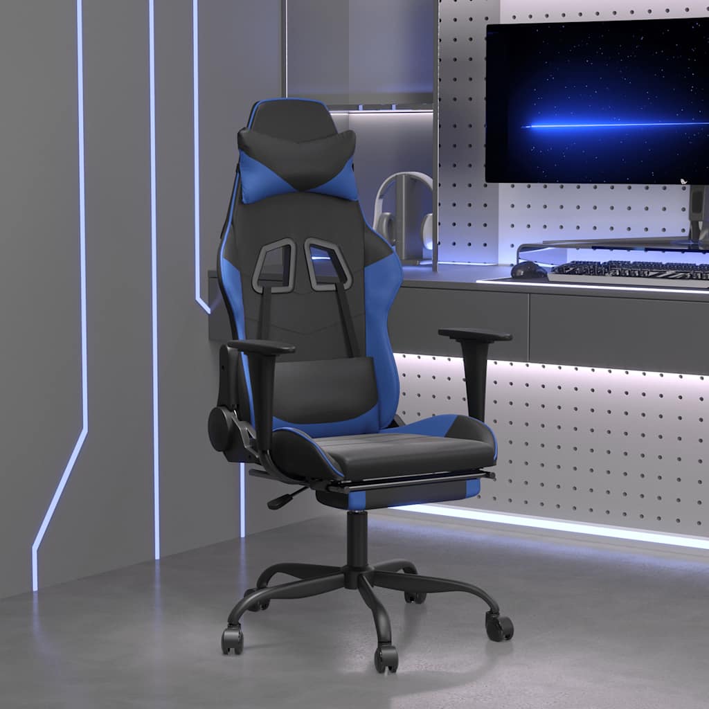 gamingstol m. massagefunktion og fodstøtte kunstlæder sort blå