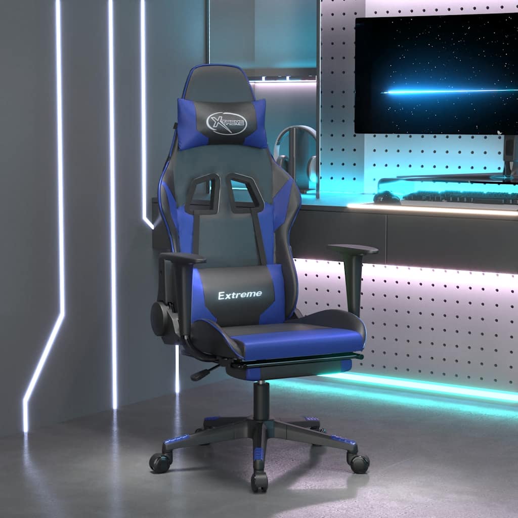 gamingstol m. massagefunktion og fodstøtte kunstlæder sort blå