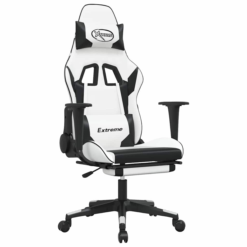 gamingstol m. massage og fodstøtte kunstlæder hvid sort
