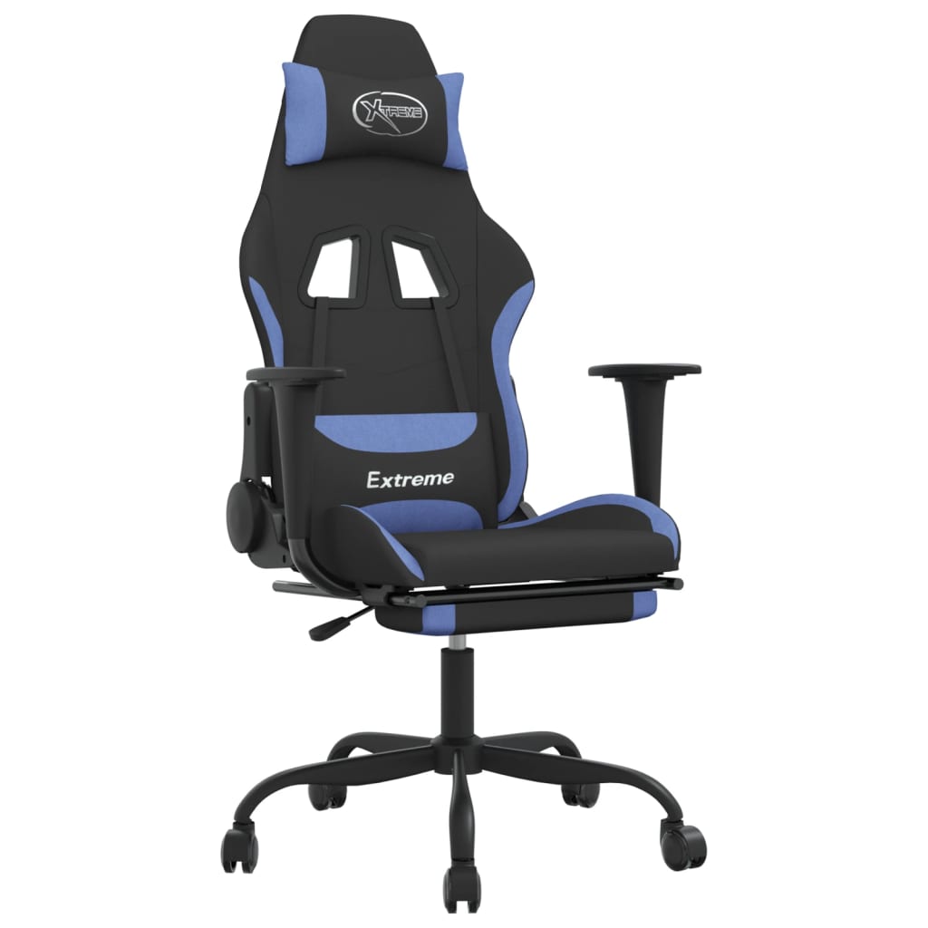 gamingstol med massagefunktion + fodstøtte stof sort og blå