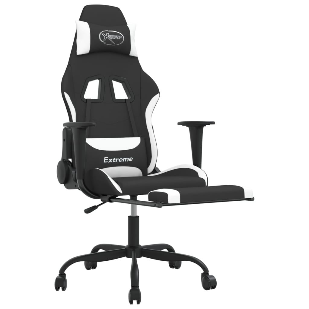 gamingstol med massagefunktion + fodstøtte stof sort og hvid