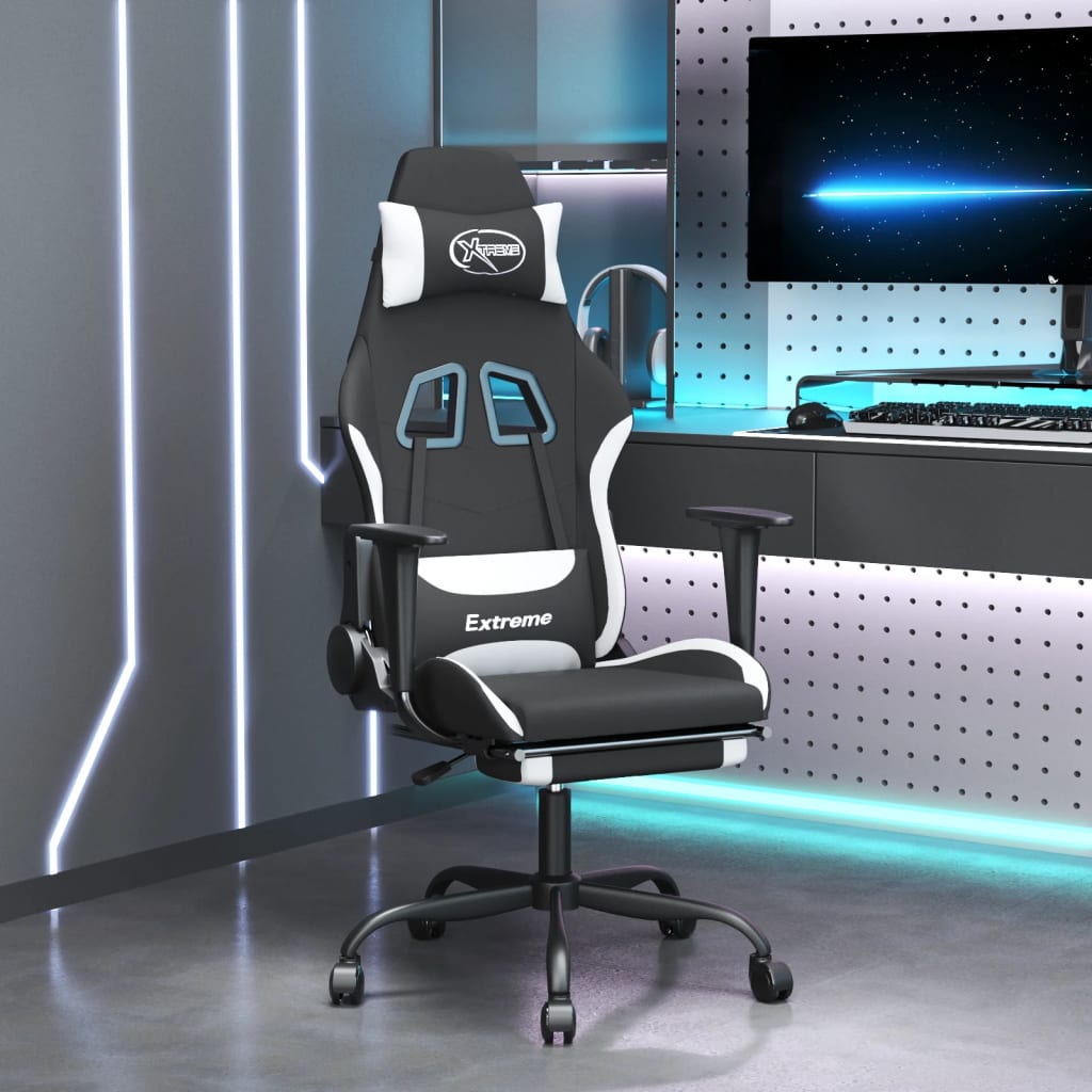 gamingstol med massagefunktion + fodstøtte stof sort og hvid