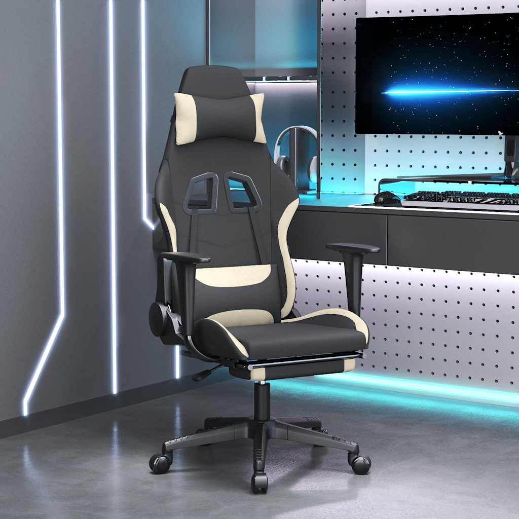 gamingstol med massagefunktion + fodstøtte stof sort og creme