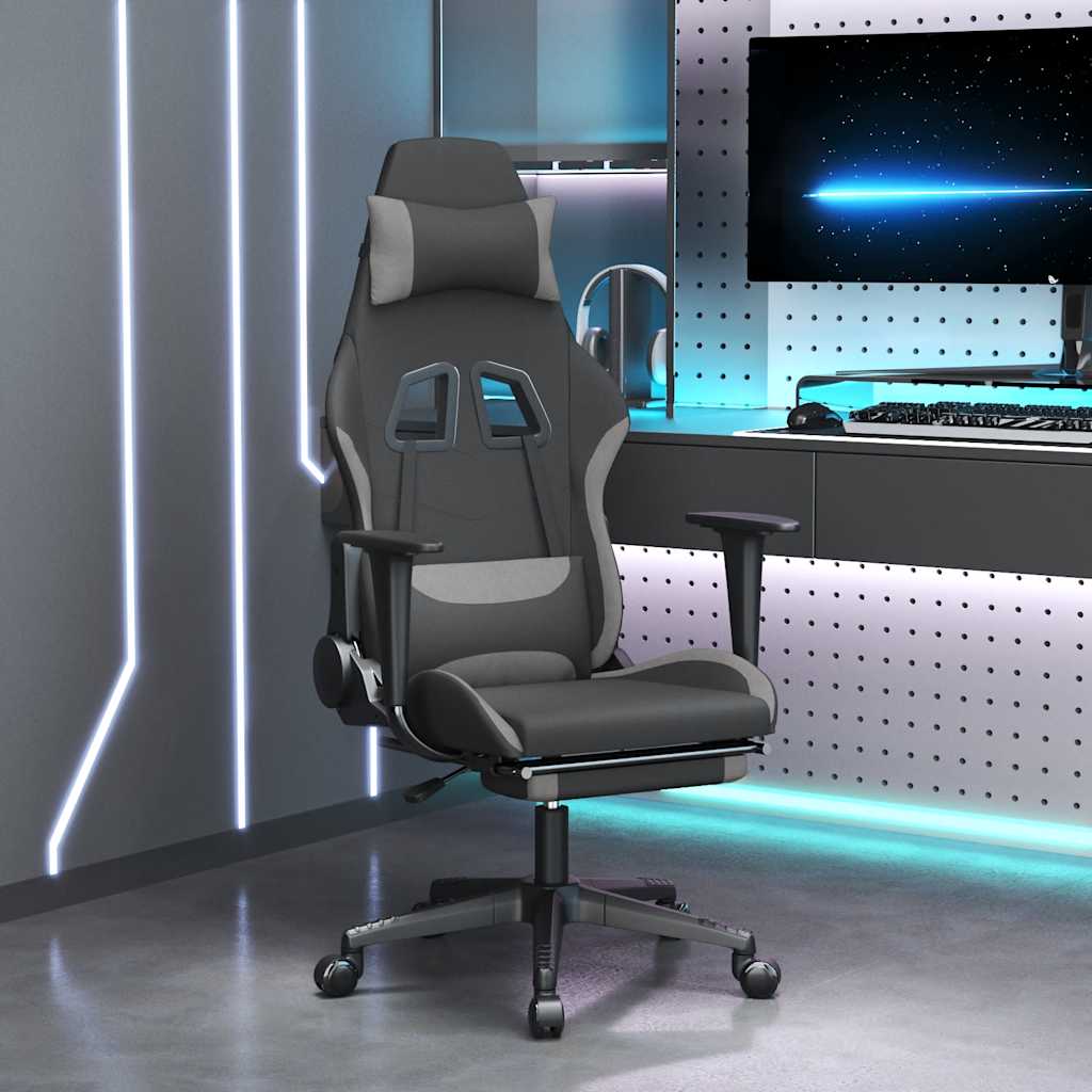 gamingstol med massagefunktion + fodstøtte stof sort og lysegrå