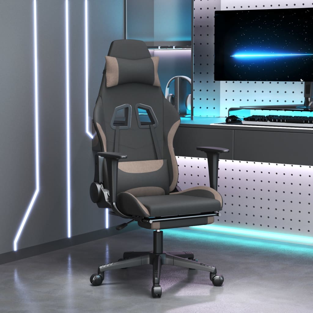 gamingstol med massagefunktion + fodstøtte stof sort og gråbrun