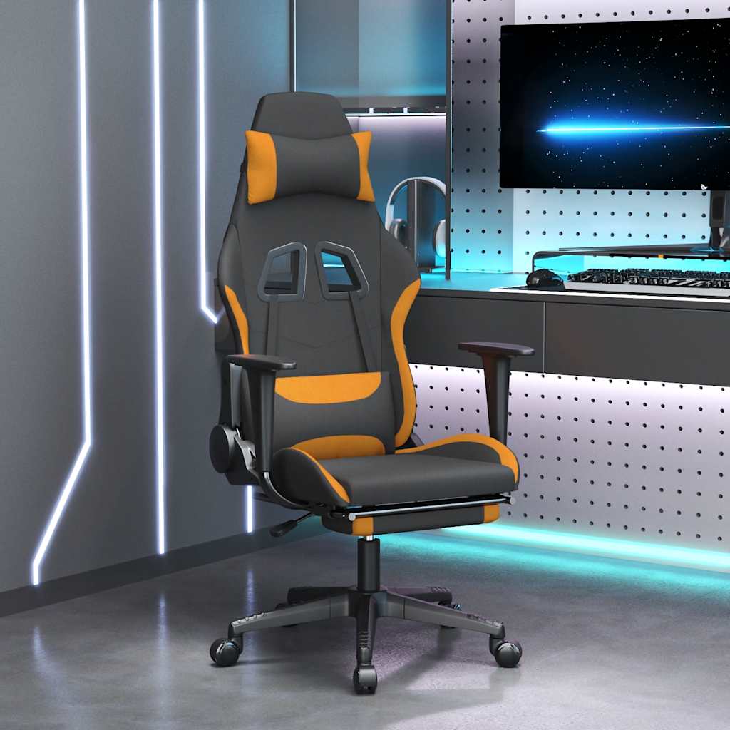 gamingstol med massagefunktion + fodstøtte stof sort og orange