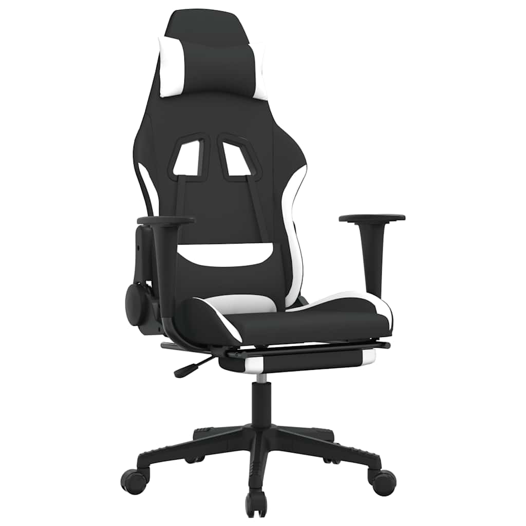 gamingstol med massagefunktion + fodstøtte stof sort og hvid