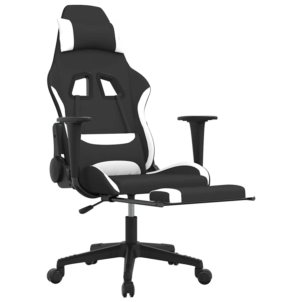 gamingstol med massagefunktion + fodstøtte stof sort og hvid