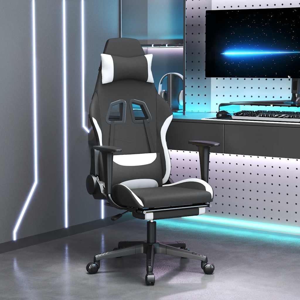 gamingstol med massagefunktion + fodstøtte stof sort og hvid