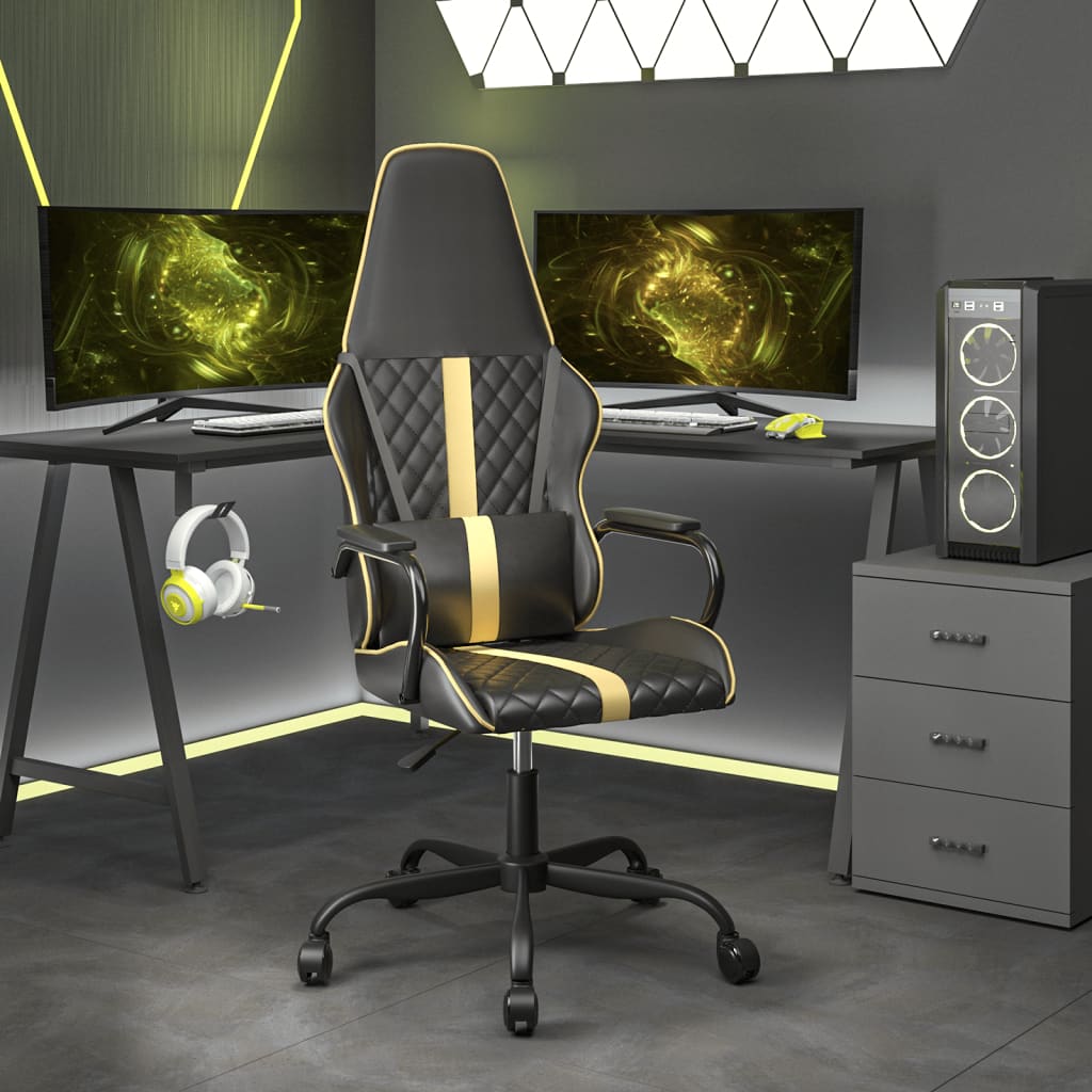 gamingstol m. massagefunktion kunstlæder sort + guldfarvet