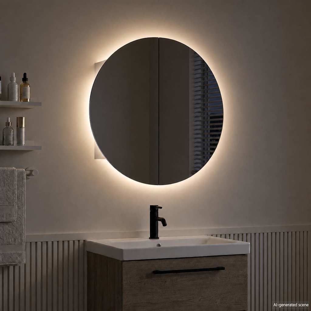badeværelsesskab med rundt spejl og LED-lys 40x40x17,5 cm hvid