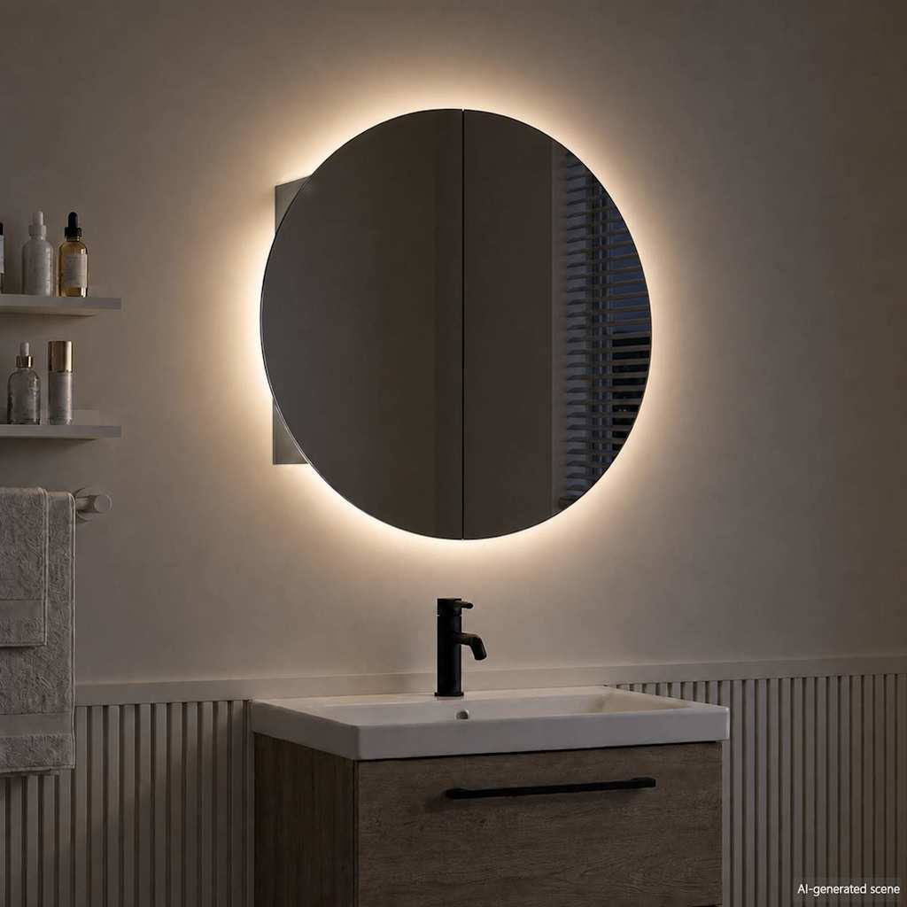 badeværelsesskab med rundt spejl og LED-lys 40x40x17,5 cm grå
